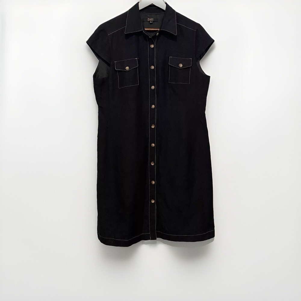 Alex Marie Shift Dress Womens 12 Black Y2K Modern Utility Button‎ Down